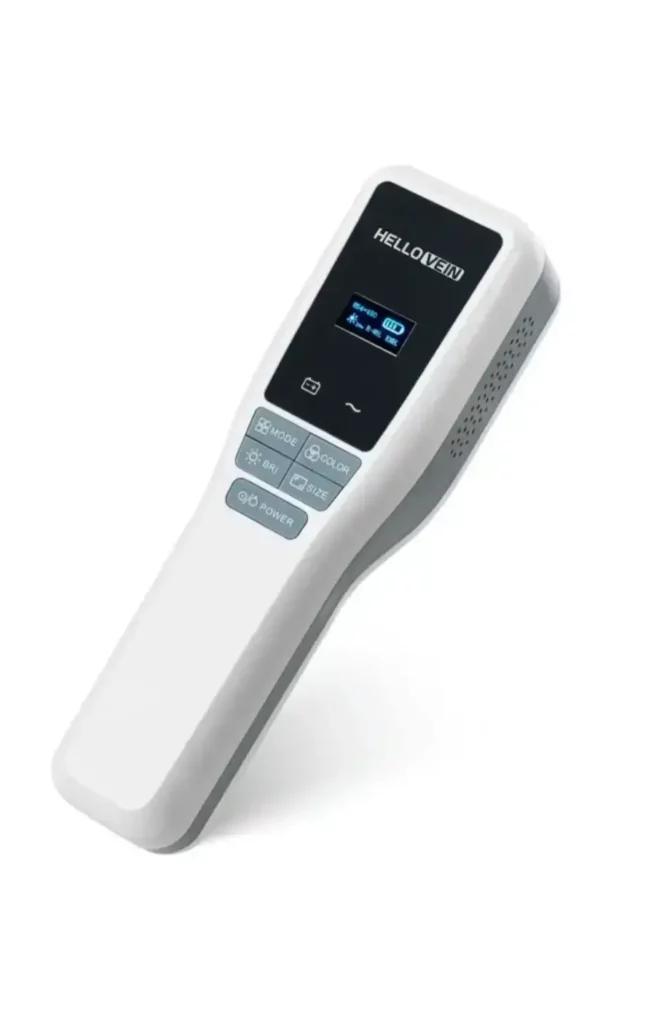 Seitenansicht des Hellovein Lite 2.0 Venensuchers mit seinem kompakten Design.