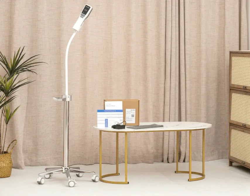 Photo showing all items included in the Hellovein Lite 2.0 with trolley package, including the device, desktop stand, charger, manual, and accessories.