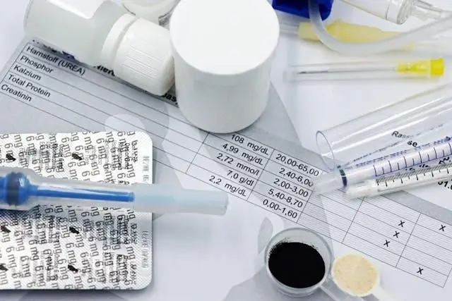 Laboratory test report with syringe, medicine pills, vials, and diagnostic equipment used for blood analysis and health check