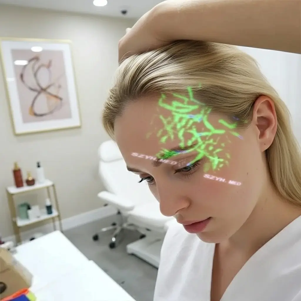 Hellovein Lite 2.0 held over a woman’s face in clinic to map veins for cosmetic treatments.