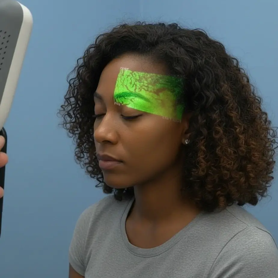 Hellovein Lite 2.0 used to illuminate veins on a woman’s face for aesthetic procedures.