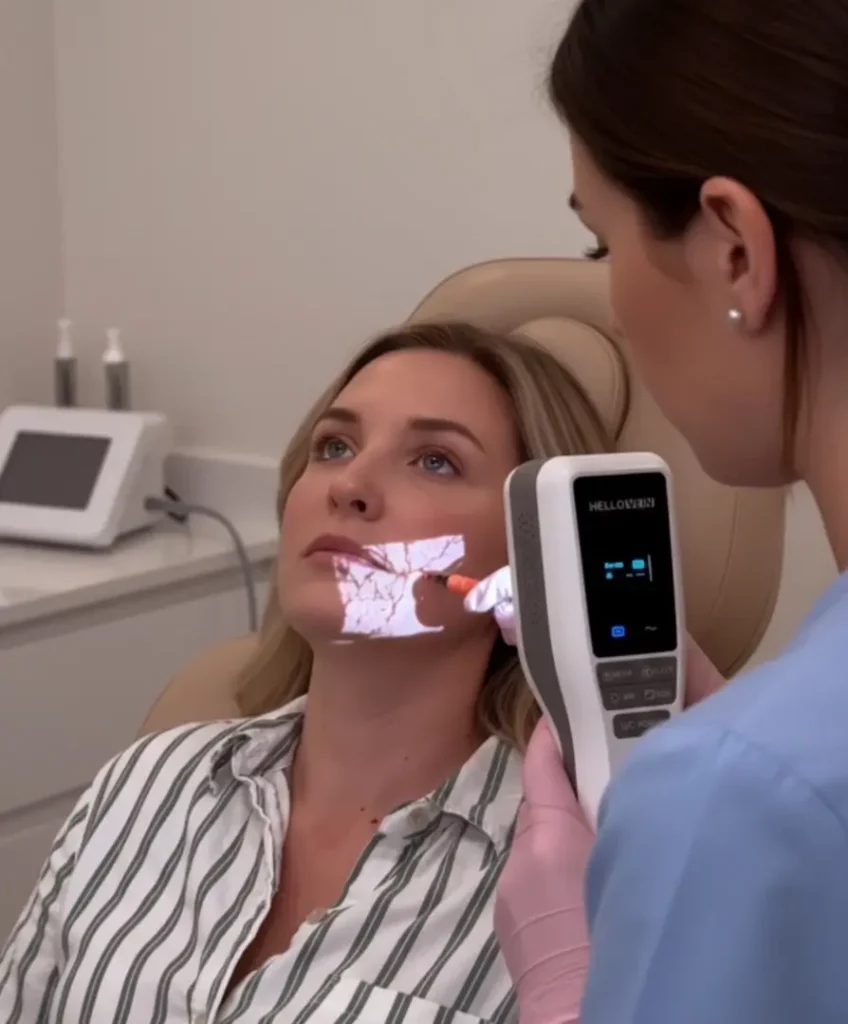 Nurse using Hellovein Lite 2.0 to illuminate a woman’s face during cosmetic injection.