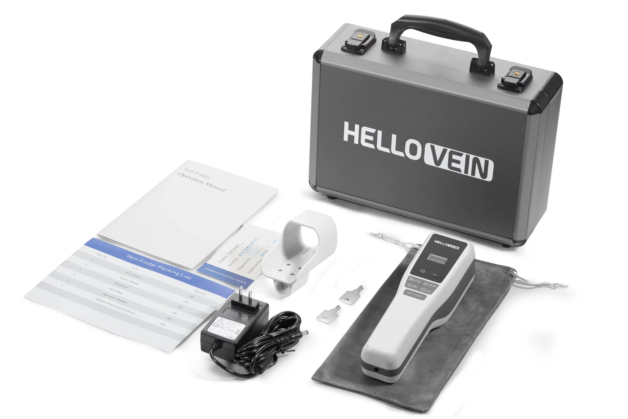 Hellovein Lite 2.0 und alles mitgelieferte Zubehör für einen umfassenden Überblick.