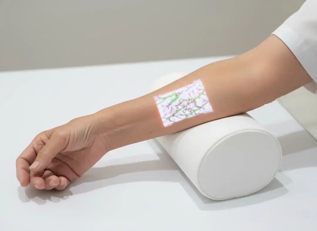 A patient’s arm placed on a white mat over a white table with veins illuminated using Hellovein Lite 2.0