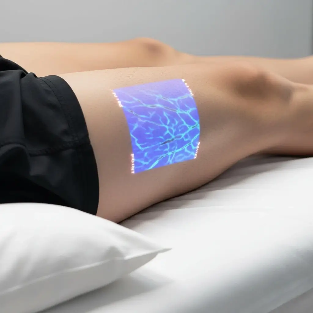 Close-up of a patient’s front thigh with veins made visible using Hellovein Lite 2.0 for clinical use.