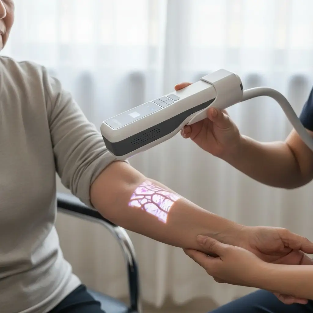 Patient sitting on a chair at home with Hellovein Lite 2.0 projecting light on the forearm to clearly show veins.