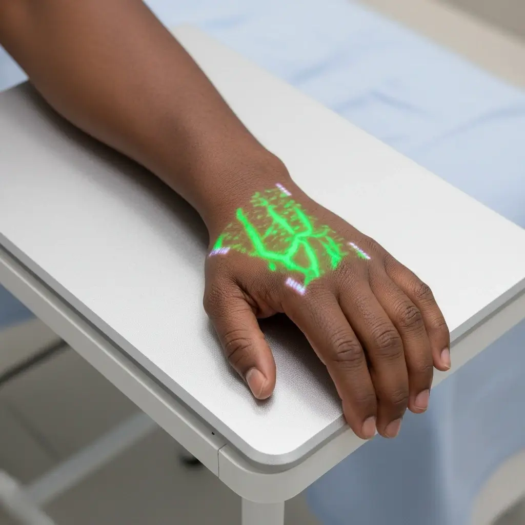 Hellovein Lite 2.0 projecting green light across the hand back to highlight vein patterns.