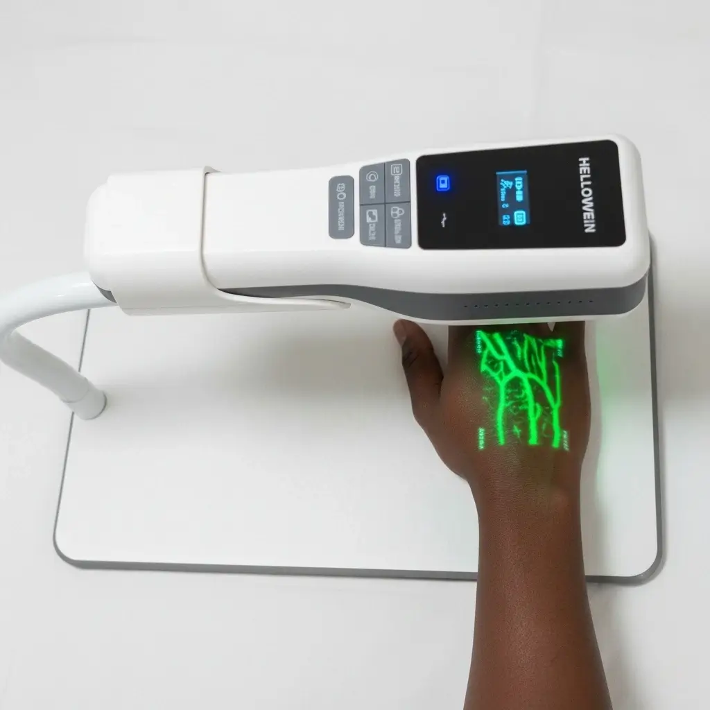 Green light from Hellovein Lite 2.0 makes veins on the back of the hand clearly visible for observation.