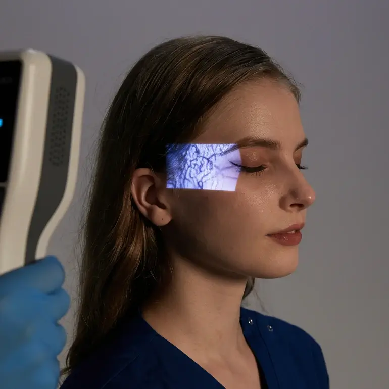 The device is positioned beside the eye to enhance vein visibility during aesthetic treatment.