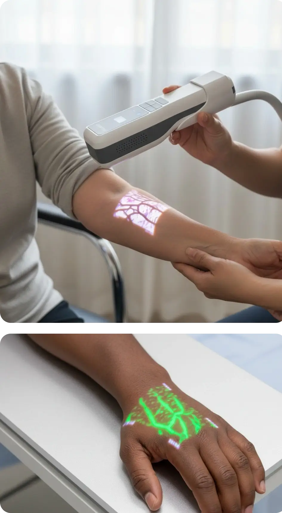 The Hellovein Lite 2.0 Vein Finder is projecting clear vein images onto the patient’s arm or the back of the hand.