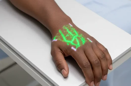 Hellovein Lite 2.0 projecting green light across the hand back to highlight vein patterns.